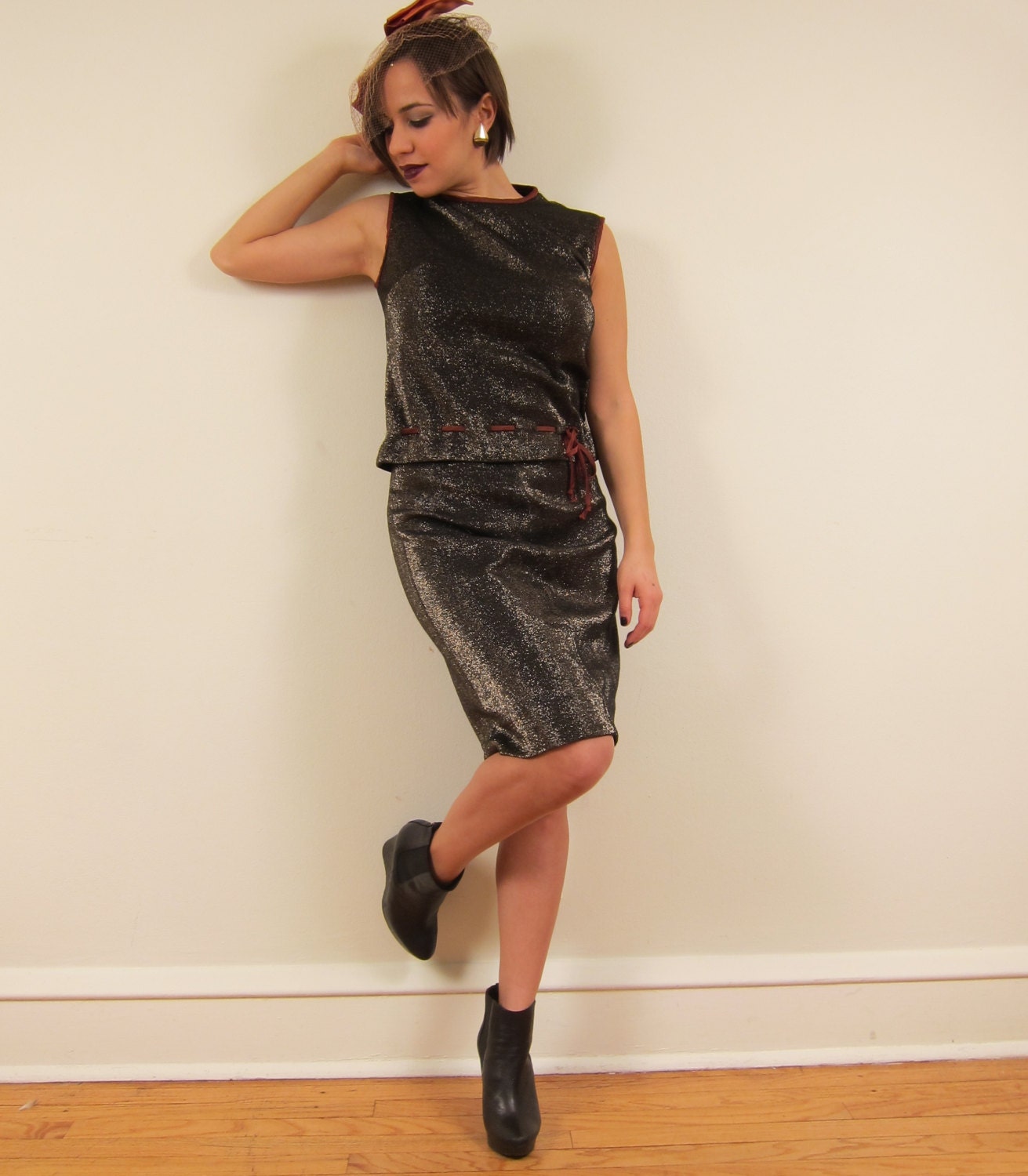 Vintage 1960s Metallic Mini Skirt and Top Ensemble in Sparkly Black and Brown Glitter