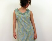 Vintage 1960s Paisley Print Shift in Blues and Greens with Ruffles