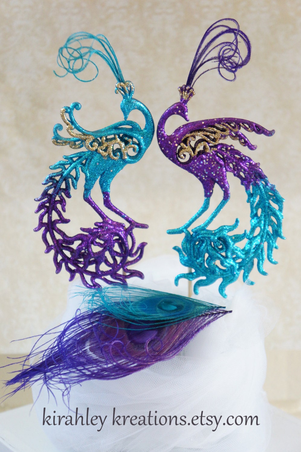 PEACOCK Wedding Cake Toppers -- Stunning & Sparkling Pair Turquoise, Regal Purple and Gold Glittery Peacocks w/ Herl Feathers Decoration