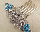 Bridal Rhinestone Hair Comb, Wedding Rhinestone Hair Comb,Rose Rhinestone Hair Comb,Swarovski Crystals,Something Blue Hair Comb, ROSELANI
