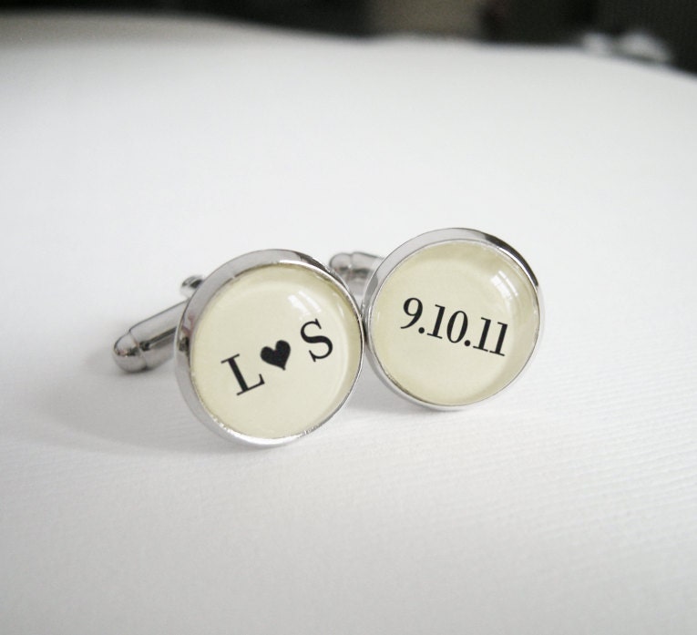 Cufflinks - I Heart You on Our Big Day - Initials and Wedding Date - Silver Black and Ivory Cuff Links
