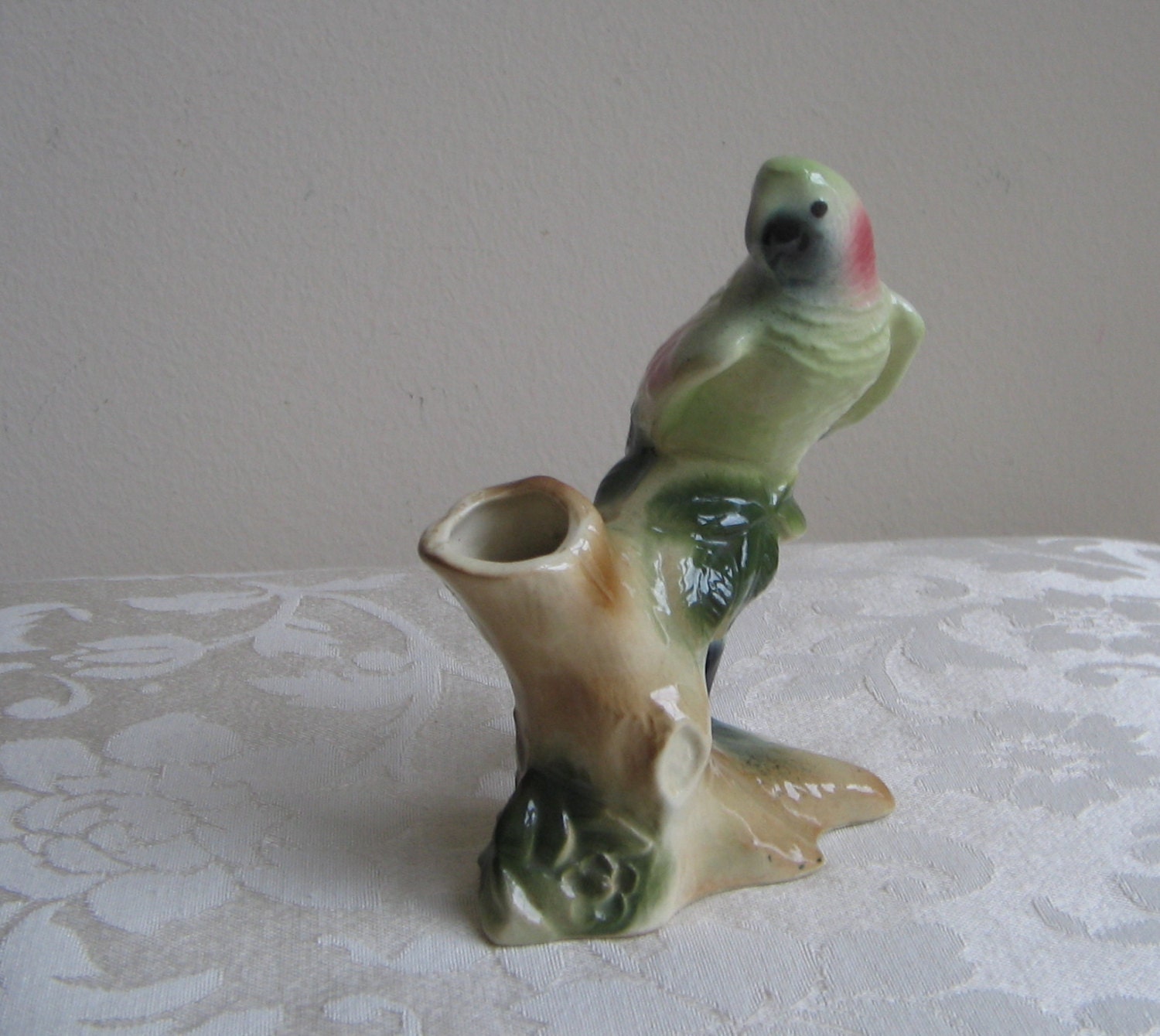 Vintage Royal Copley Parrot Parakeet Bird Stump Bud Vase, Mid Century Ceramic Pottery, Green Pink Blue Brown