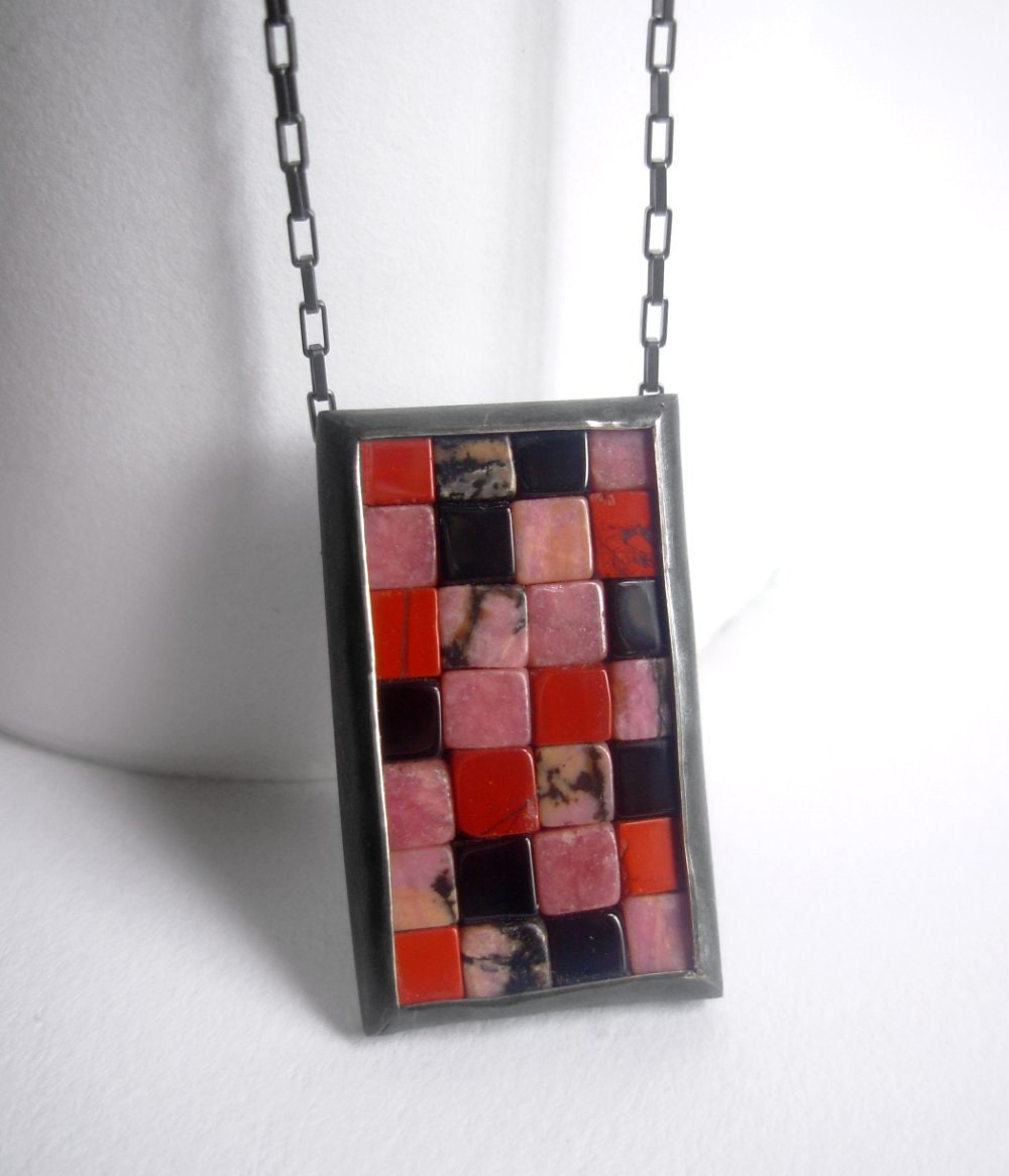 Mosaic Necklace - red jasper, rhodonite, black onyx and oxidized silver