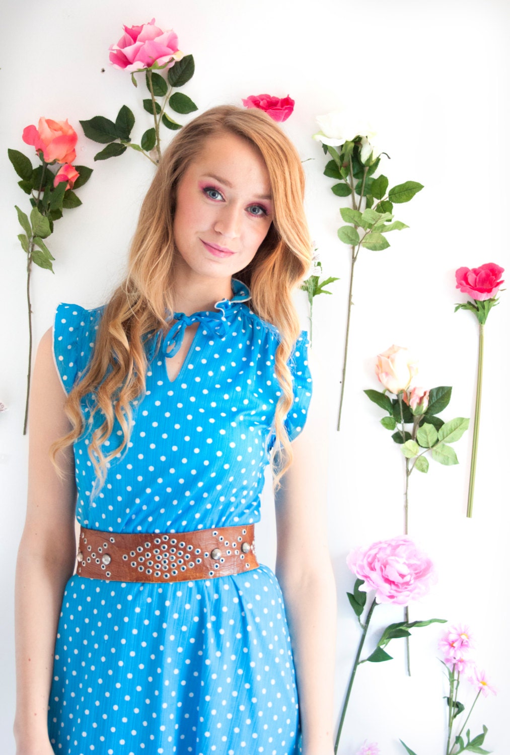 Dotty, French Vintage, 1970s Electric Blue Polka Dot Midi Dress, with Ruffle Sleeves, from Paris
