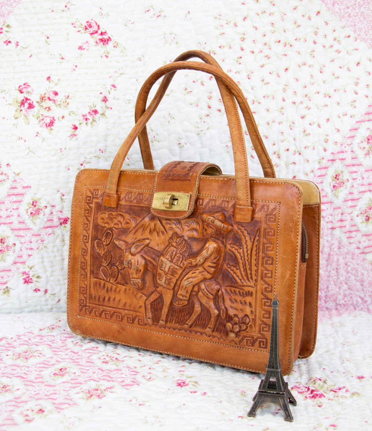 Hariette, French Vintage, Tan Tooled Leather Satchel, 1960s Handbag from Paris