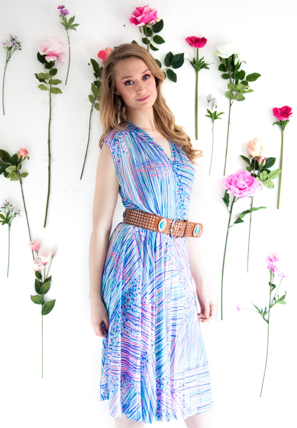 Genie, French Vintage, 1970s Blue Crossover Midi Dress from Paris