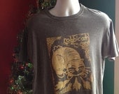 GRAY Tshirt, Yellow RABBICAT, large, LINOLEUM Print, hand printed