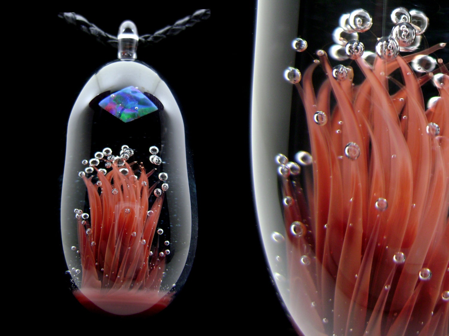 Flameworked Glass Implosion Pendant with Square Opal by Bashi Alé