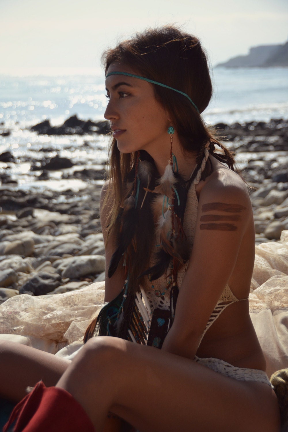 BAREFOOT TRAVELER Feather Turquoise Braided Leather Boho Earrings