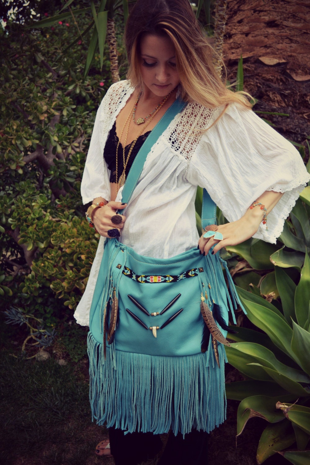 NATIVE NOMAD Weekend/Tote Boho Bag /// Turquoise /// Large Leather Fringe Tote Tribal Bag /// Ready to Ship