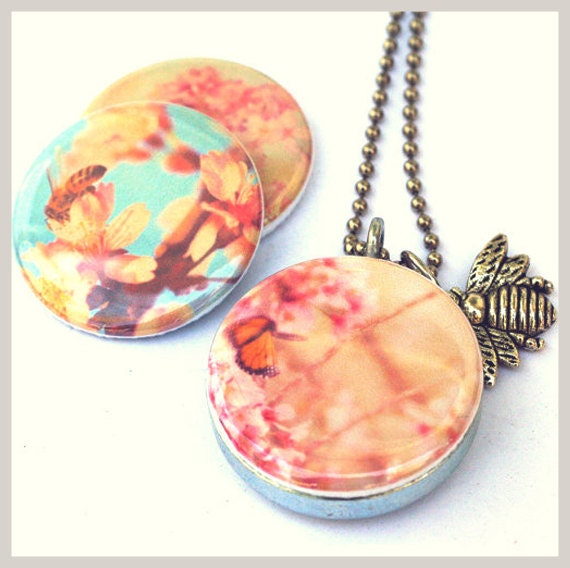 jewelry, locket, nature photography, cherry blossoms, bumblebee butterfly necklace, spring, girls, photo locket, Polarity Myan Soffia