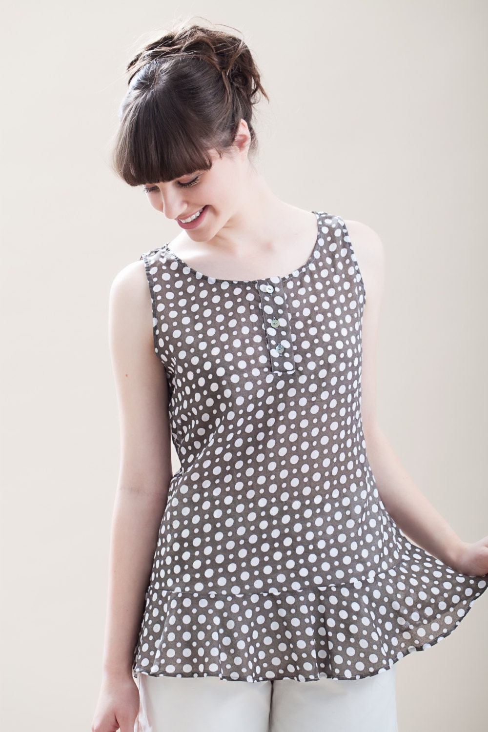 Peplum top, Sleeveless top, Womens top, Polka dot top, Grey top,  Summer tank top, Summer womens top, Free shipping