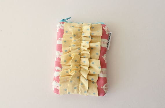small ruffle zipper pouch -- japanese hippos & polka dot ruffle