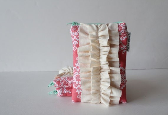 small ruffle zipper pouch -- coral & mint