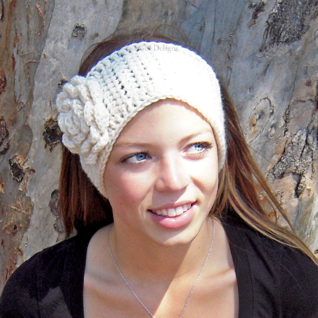 Women's off white headband warmer with flower cream