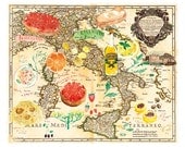 Map art print, Italian food watercolor illustration on vintage map of Italy, Kitchen decor, 8X10 poster, Cooking Food Recipe map artwork