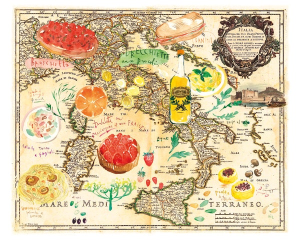 Map art print, Italian food watercolor illustration on vintage map of Italy, Kitchen decor, 8X10 poster, Cooking Food Recipe map artwork