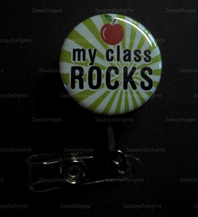 My Class Rocks Apple Teacher (Lime/White) ID Button Badge Button Reel.