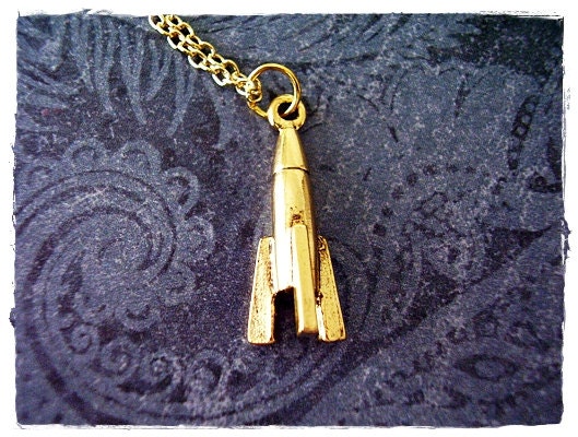 Tiny Rocket Ship Charm Necklace in Antique Gold Pewter with a Delicate 18 Inch Gold Plated Cable Chain