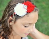 Red and White Flower Duo on a Hard Headband. Shabby Chic Flower Headband. Girls Hair Accessories. Adult Hair Accessories. Womens Headband