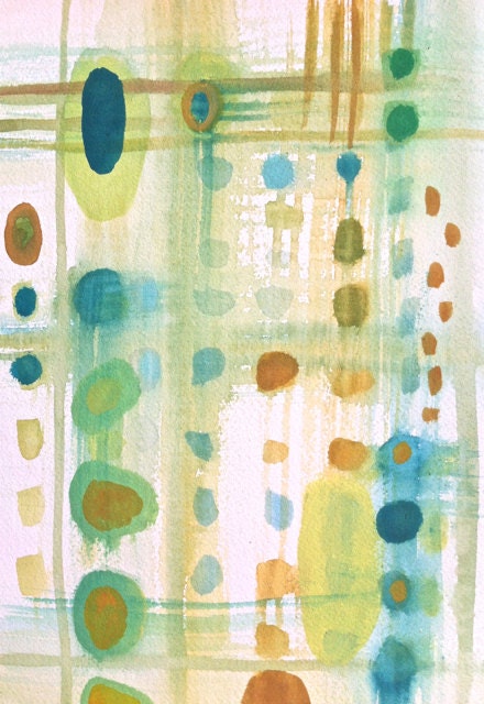 Color Study 15-Abstract Watercolor on Archival Paper-Modern- Organic--Greens- Ochre Yellow--Blues-Rust-Deep Turquoise-White Background