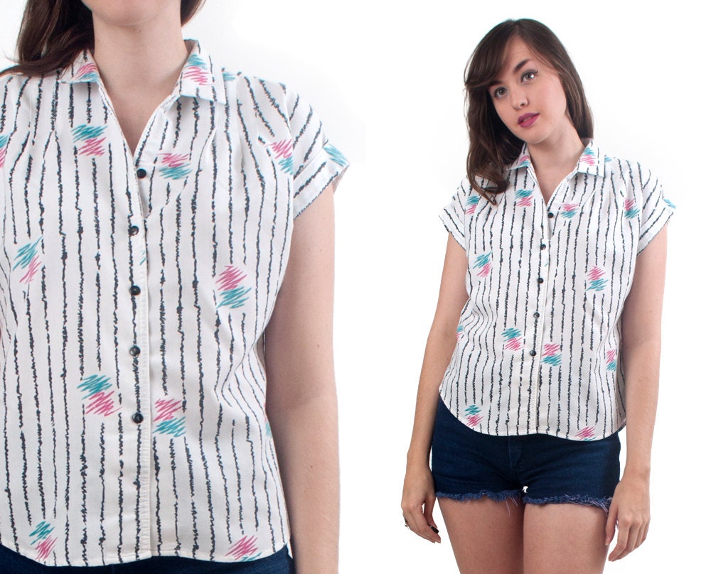 80s Cotton Blouse Button Up Black and White Scribble Small Medium Hipster