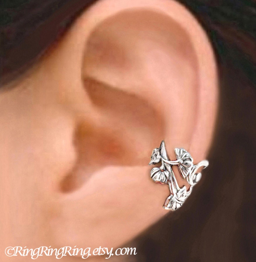 925 Art Nouveau - Sterling Silver ear cuff earring jewelry -  non pierced flower and leaf earcuff  011013