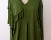 Olive Long sleeve top,drape shoulder,v neck rayon lycra top,handmade by Cheryl Johnston
