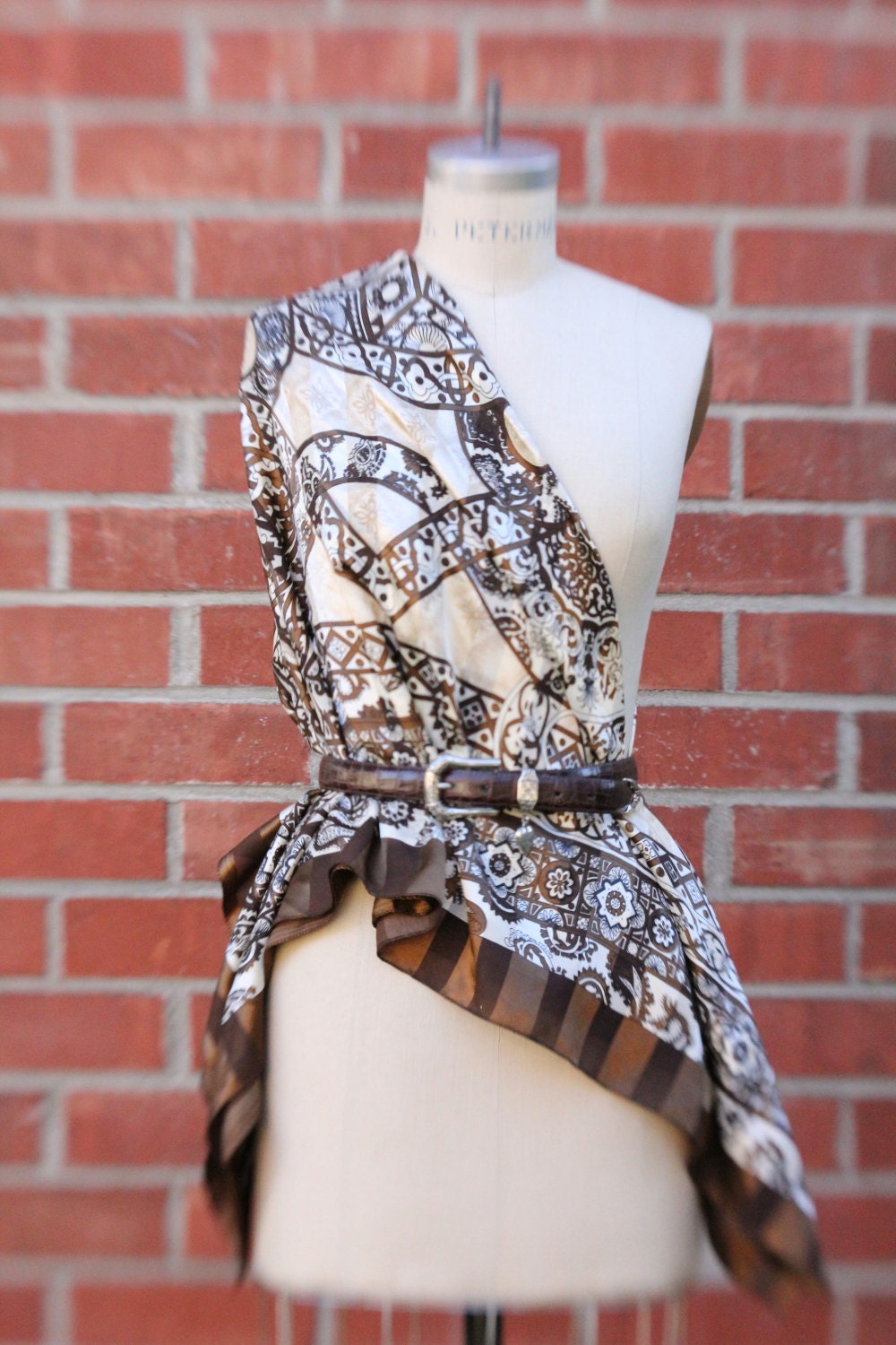 Vintage 90's Brown and Cream Paisley Square Silk Turkish Shawl/Scarf by AS Esarp