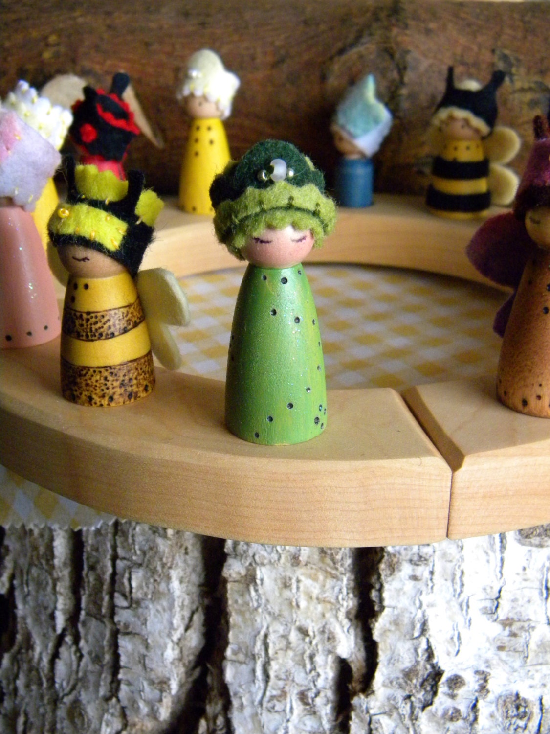 Waldorf Birthday Ring Decor, Green Princess, Small Wooden Peg Doll, jeweled crown, Girl Birthday, hunter green, avocado green, wood burned