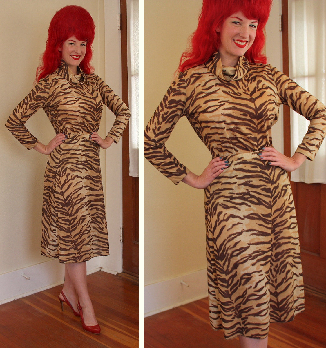 SAVAGE Tigress 1960's 2 Piece Tiger Print Knit Jersey Hourglass Dress Set by Brownstone Studio New York - VLV - Bad Girl - Size M to L