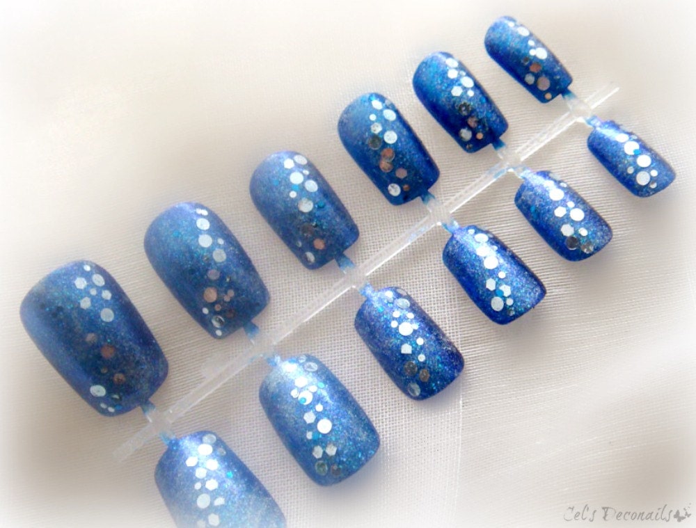 Dark blue frosted glitter nails, Japanese nail art, false nail set