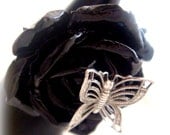 Silver butterfly on a black rose ring, gothic jewelry, adjustable ring