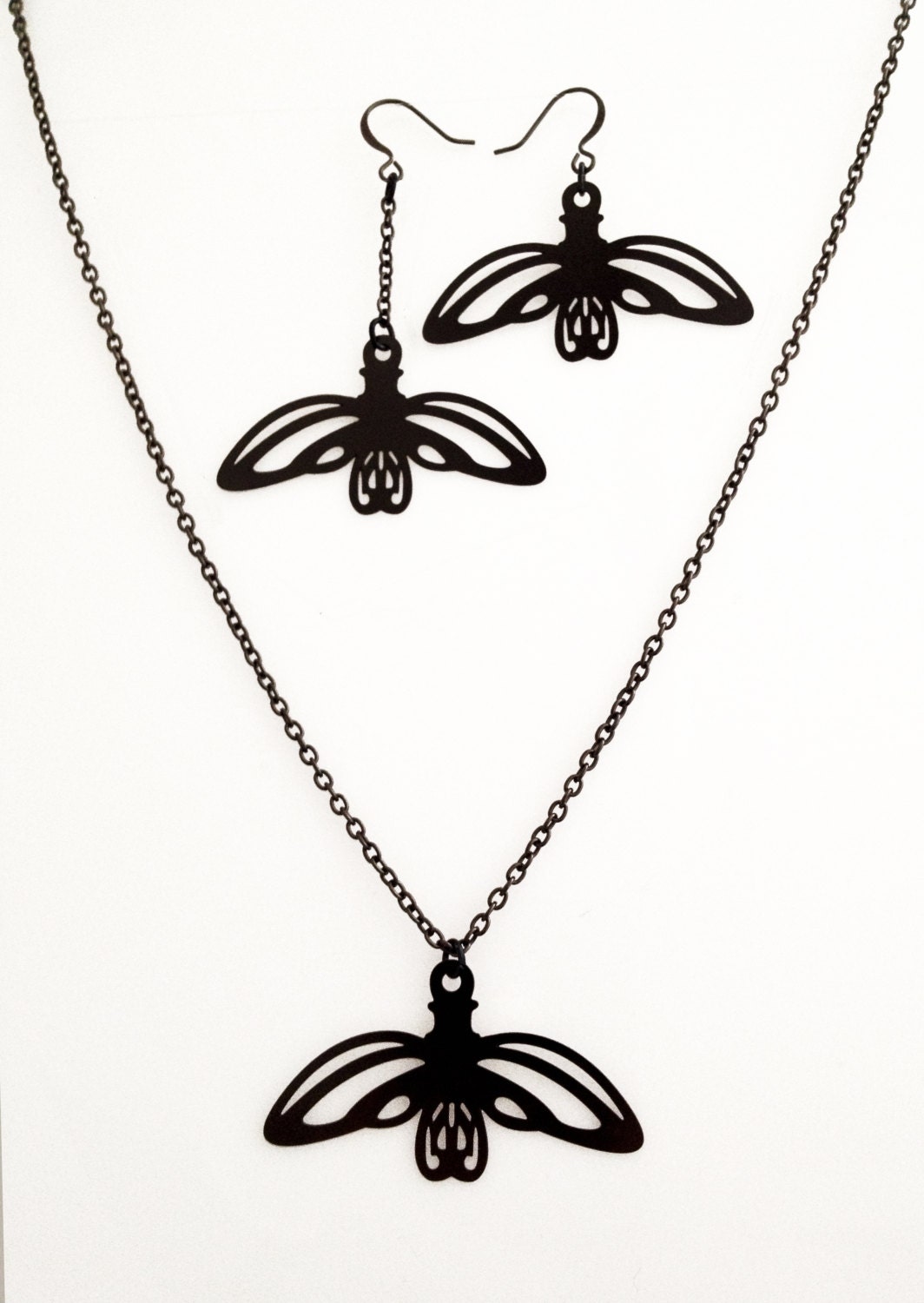 Flower drop necklace & earring - Black