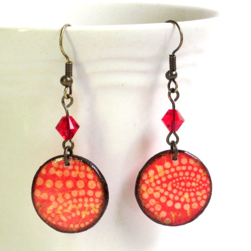 Red Circle Earrings Summer Jewelry Decoupage Circles Dangle Earrings Crystal Drop Beaded Earrings Summer Earrings Summer Fashion