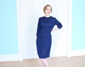 Dress 1950s Vintage 50s Checkerboard Blue Black Sheath Secretary Mad Men L Large XL