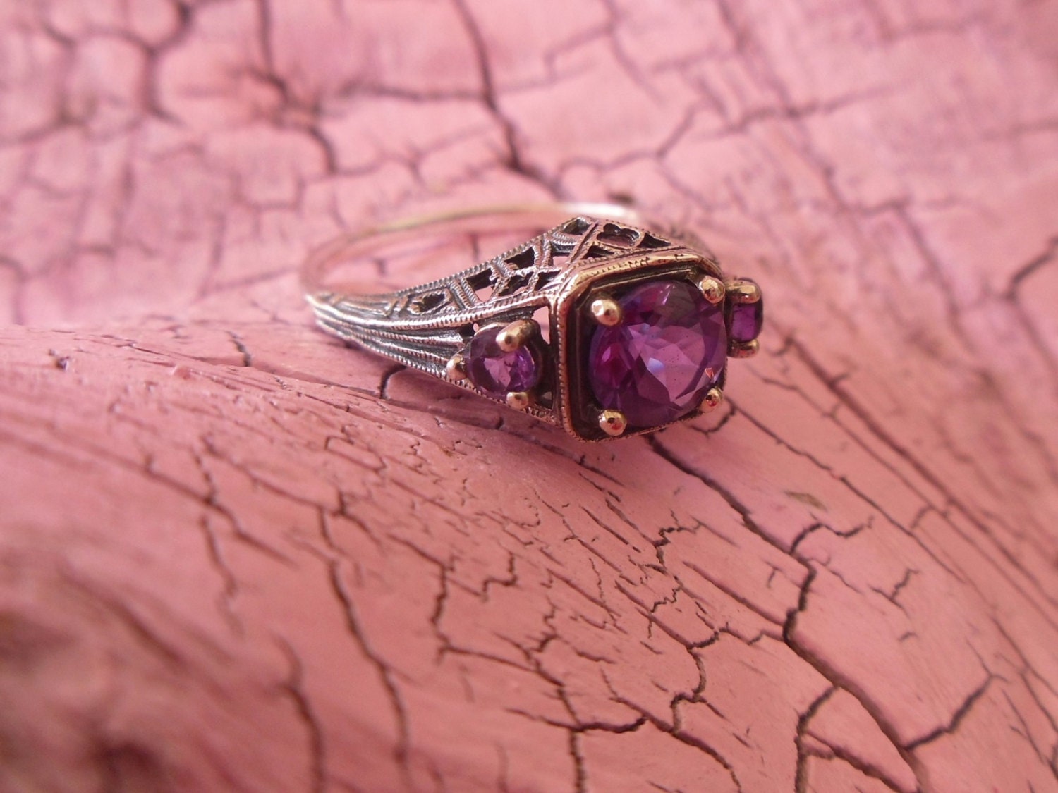 Unique Handcrafted Ring -:- Antique Style - Art Deco - Edwardian  - Sterling Silver & Amethyst