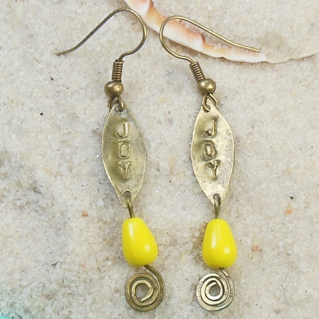 JOY earrings - stamped, hammered, yellow glass, dangle