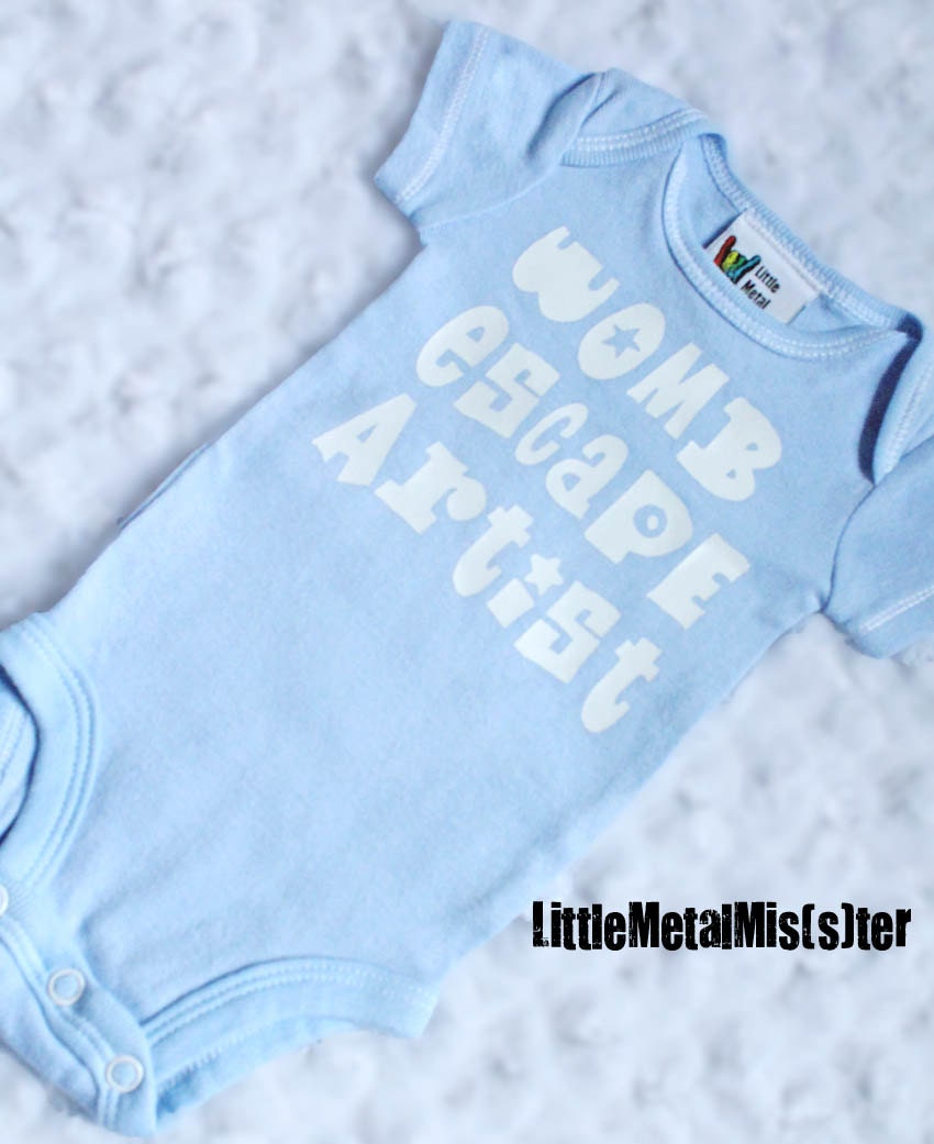 Womb Escape Artist - cute, funny, unique Recently Evicted. Light baby blue boy onesie (newborn) onsie. baby shower gift clothes
