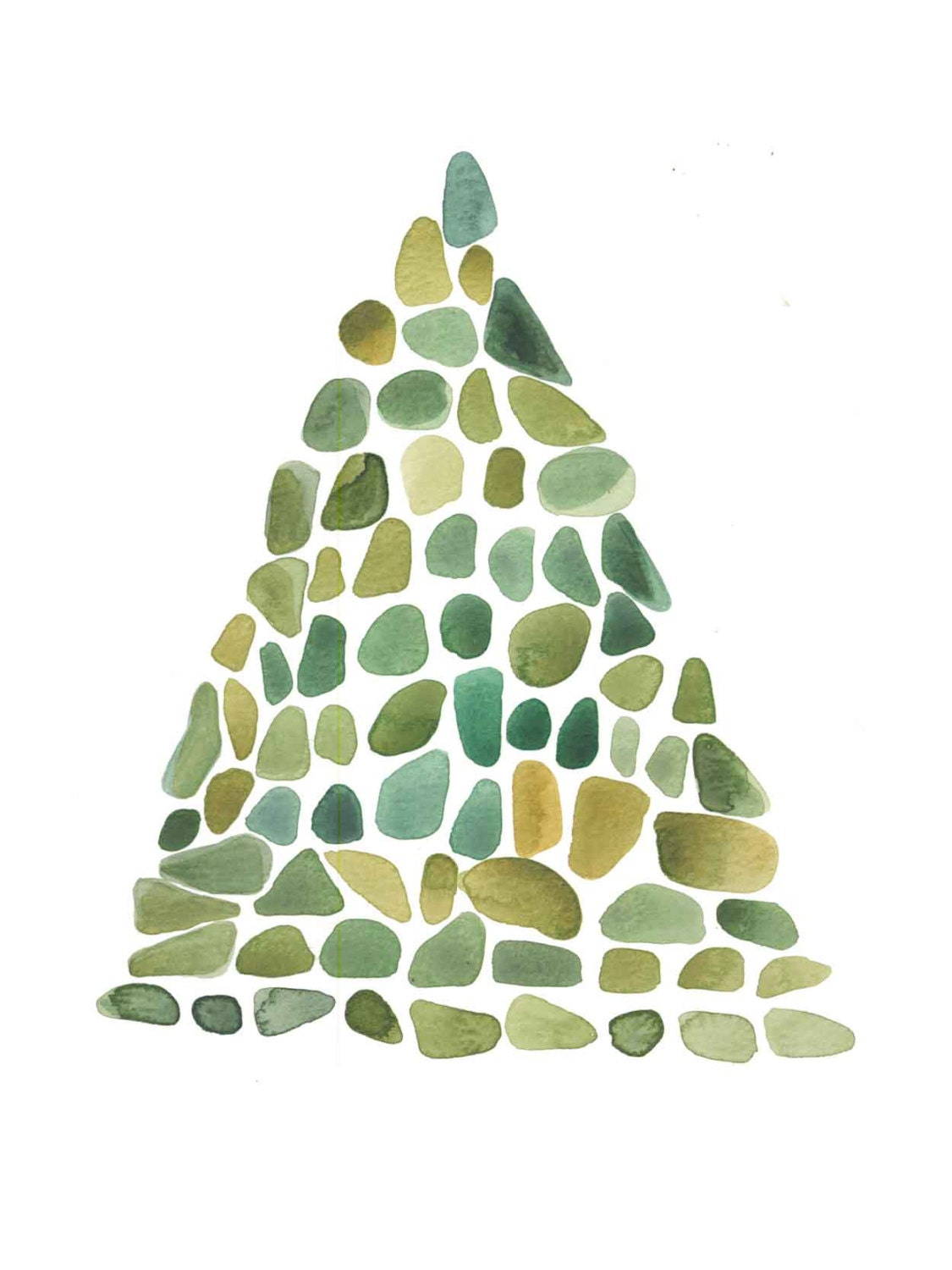 Mountain art Green Stones - original painting ooak - watercolor painting  geometrical triangle
