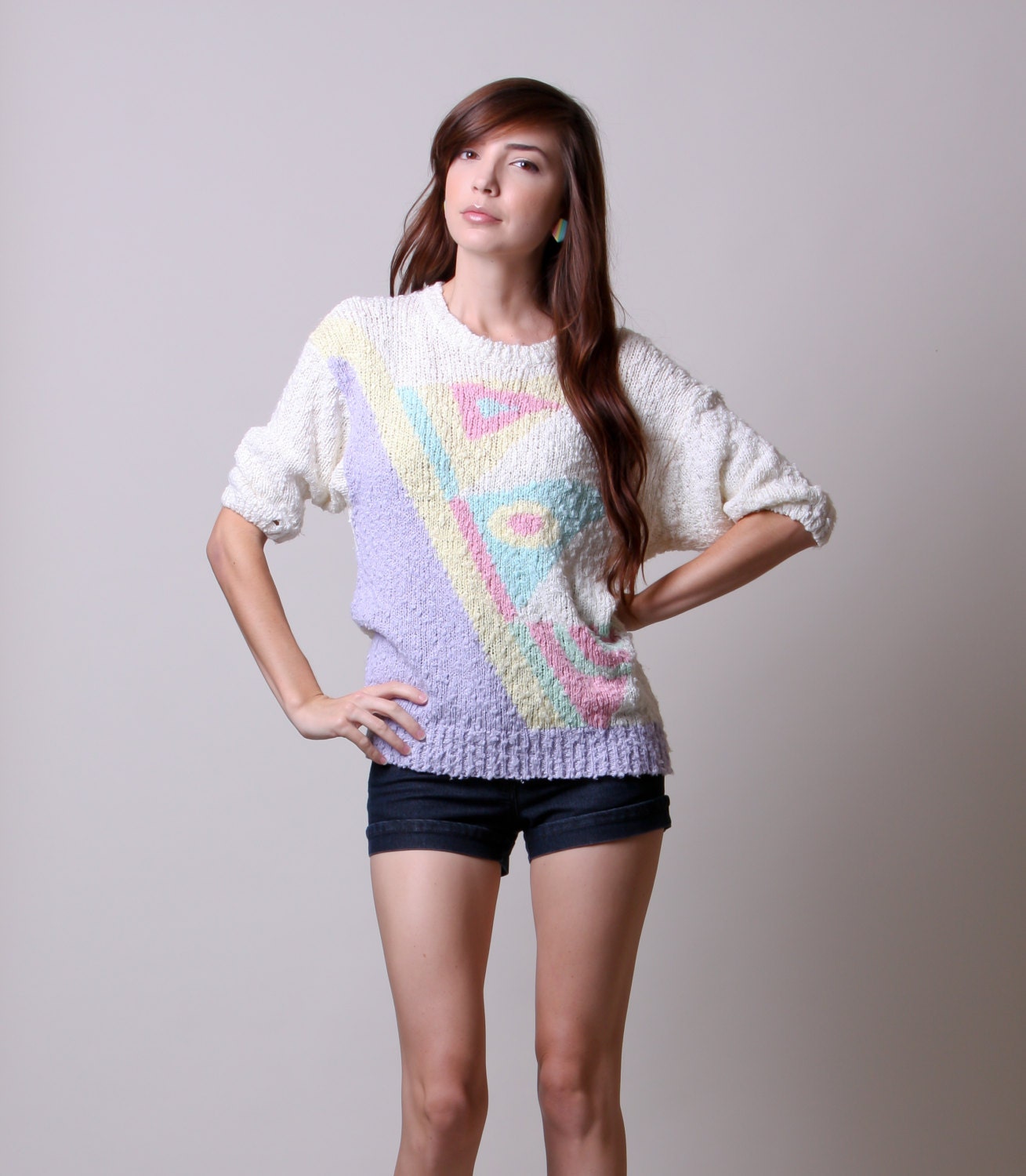 80s Slouchy Sweater - Vintage Pastel Geometric Design Sweater - Lavender Aqua Pink - Medium