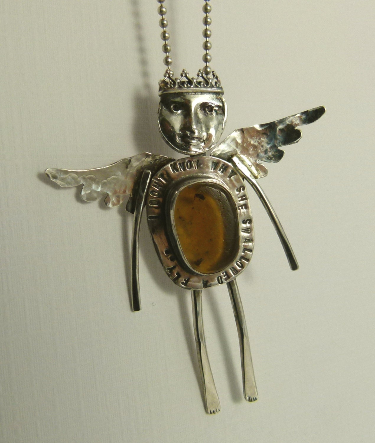 Angel Sheryn Swallowed A Fly - Up Cycled Sterling, Amber, And PMC - Echo Friendly - Art Jewelry Pendant - 1178