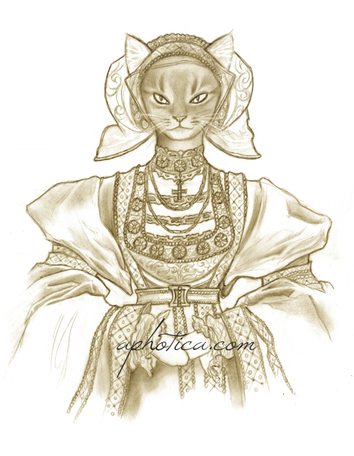 renaissance lady cat original art print 8x10
