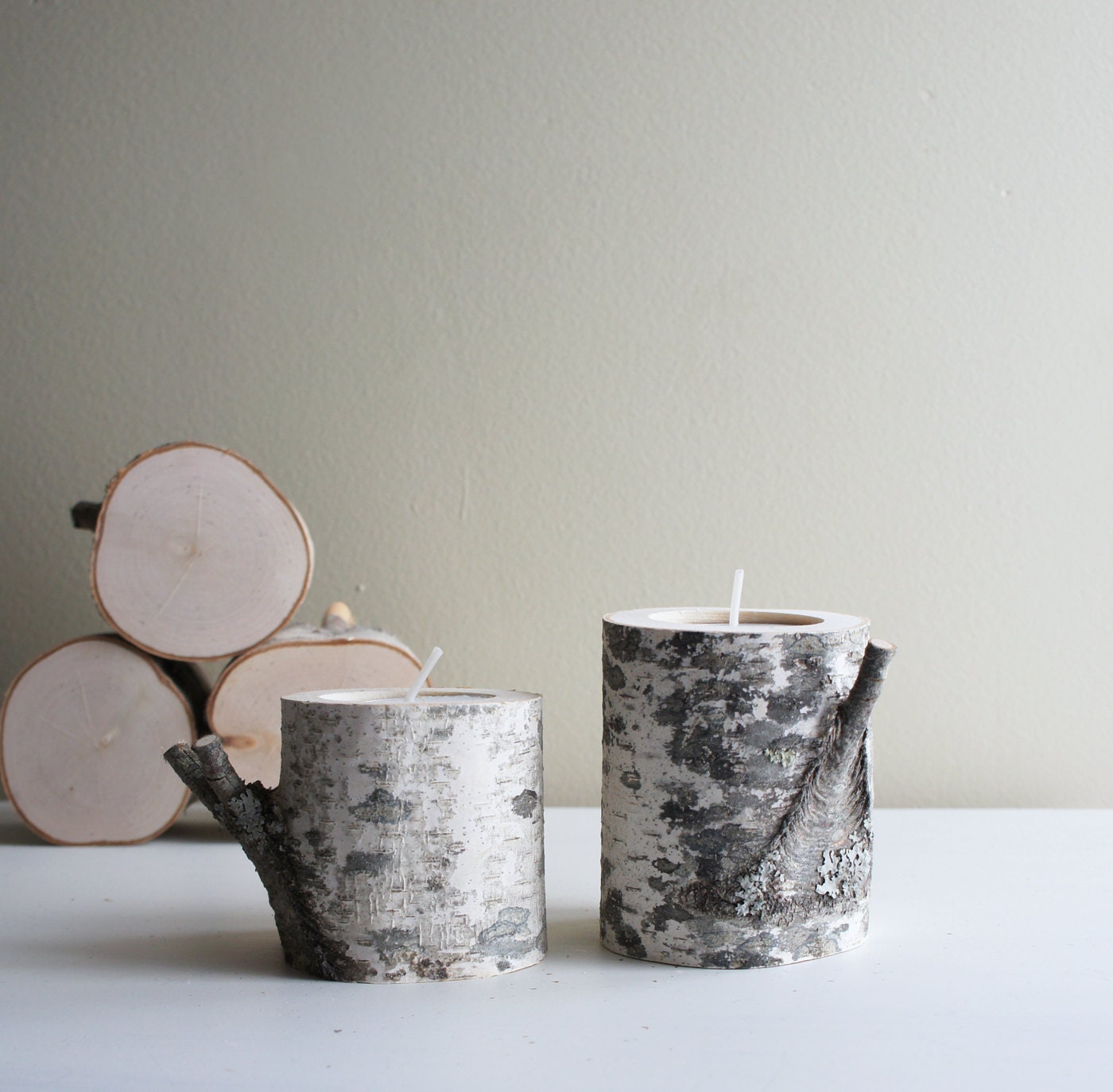 natural white birch wood candle holders - set of 2