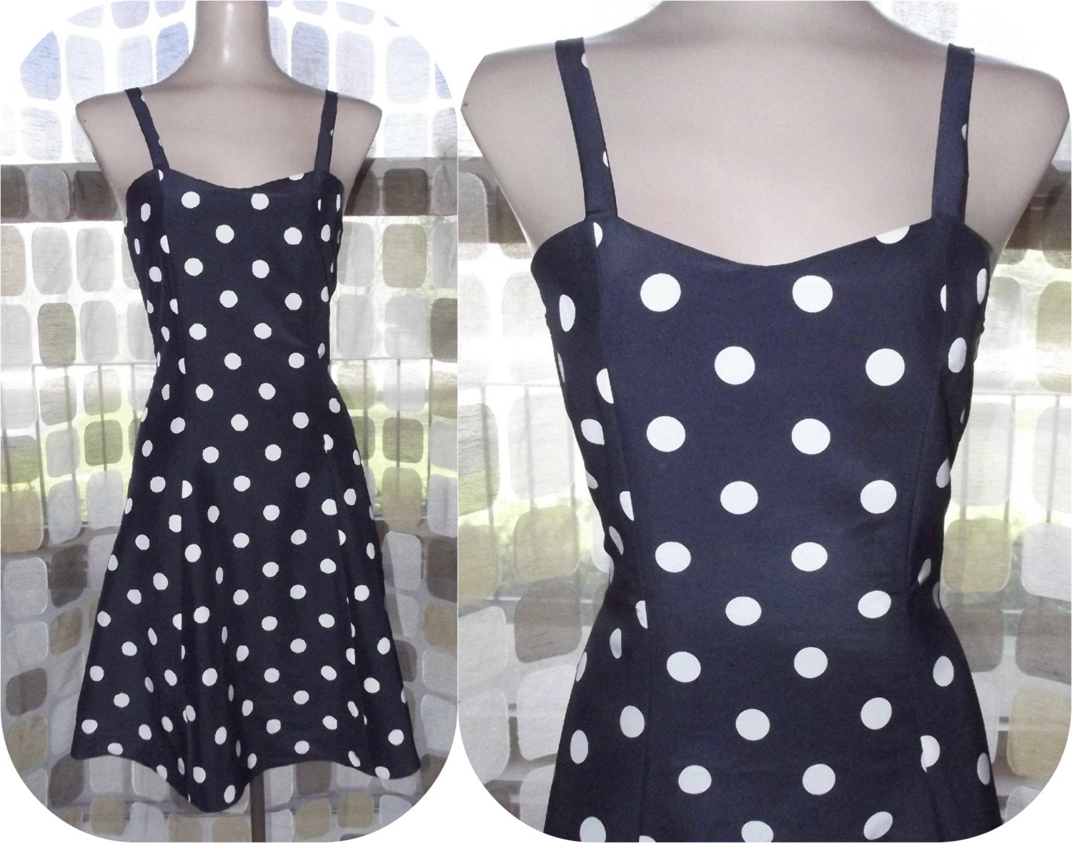 Vintage 90s Navy & White Polka Dot Mini Sun Dress Full Small 50s Swing Style