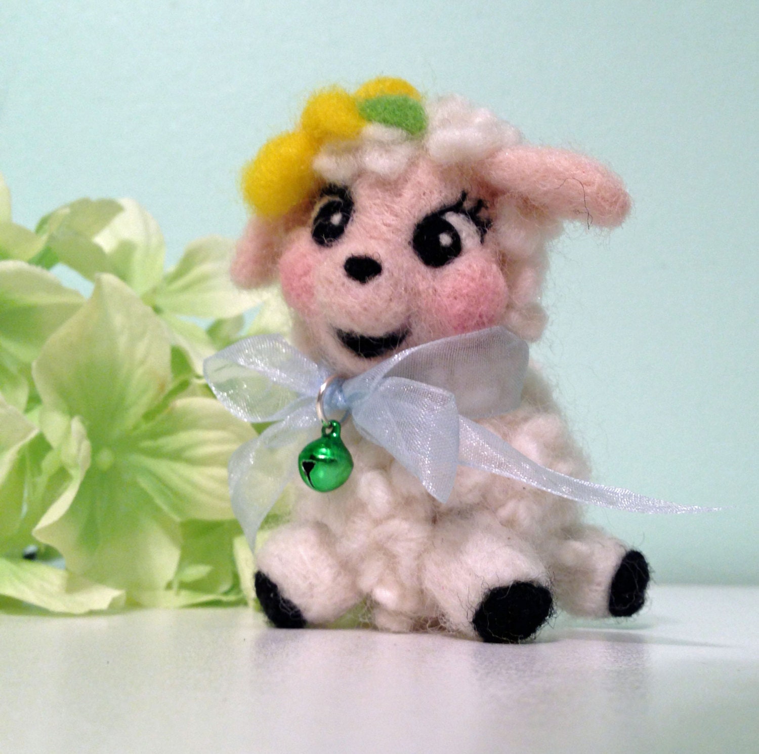 Felted Lamb with Yellow Daisy and Tiny Bell