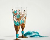 Copper Turquoise  Champagne Flutes  Hand Painted Romantic Wedding Toasting Set of 2 Swarovski Crystals