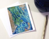 Note card set, abstract watercolor art, blank inside, 6 cards and envelopes, Blue Green Set
