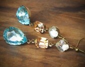 Aqua Blue and Peach Rhinestone Dangle Earrings, Long, Kardashian, Bride