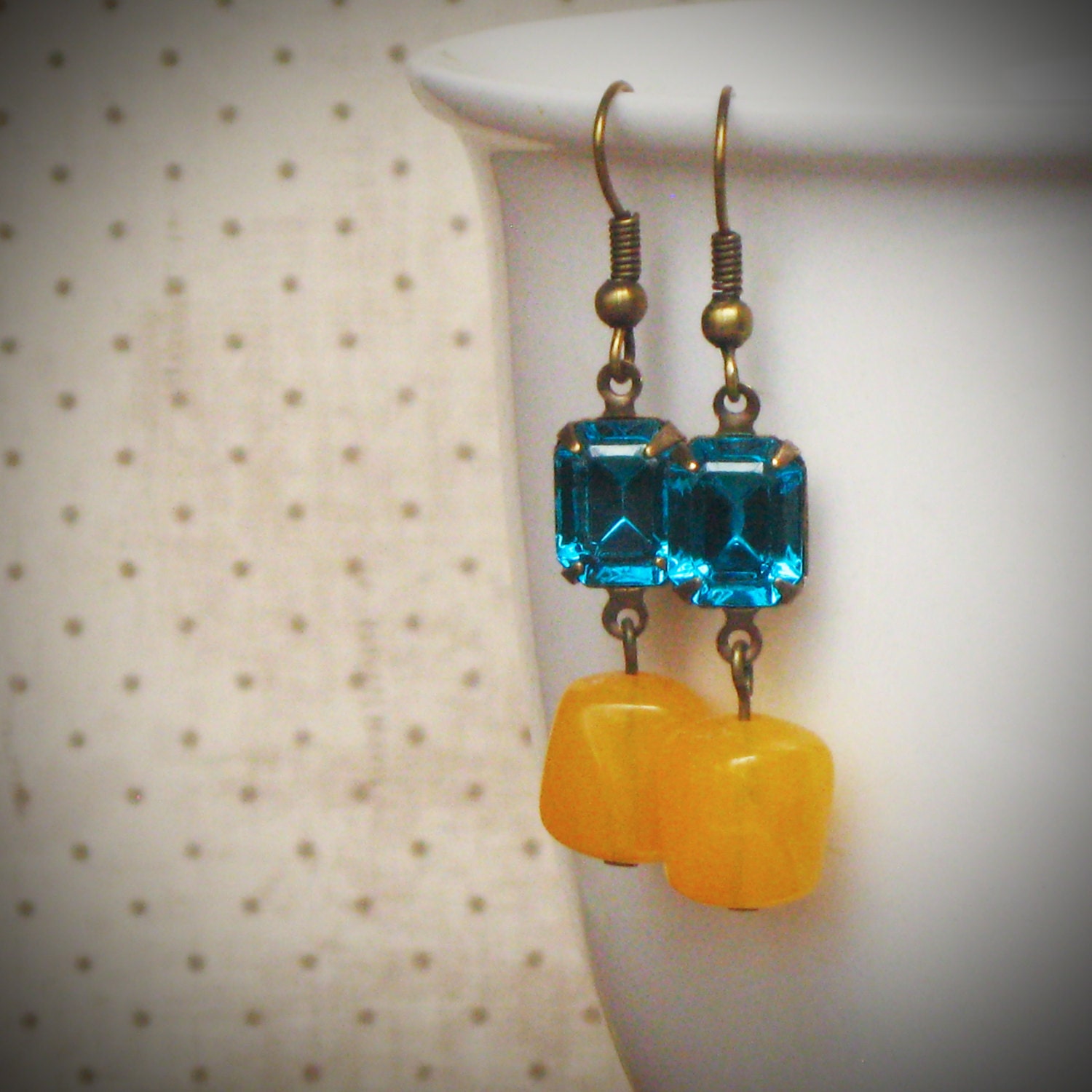 Tangerine and Teal Rhinestone Earrings, Honey Gold, Zircon, Orange